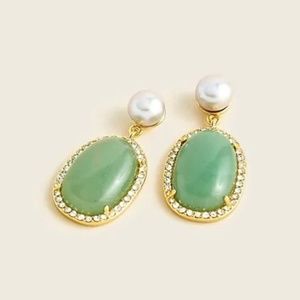 J Crew Gold Plated Stone and Freshwater Pearl Earrings in Apple Green